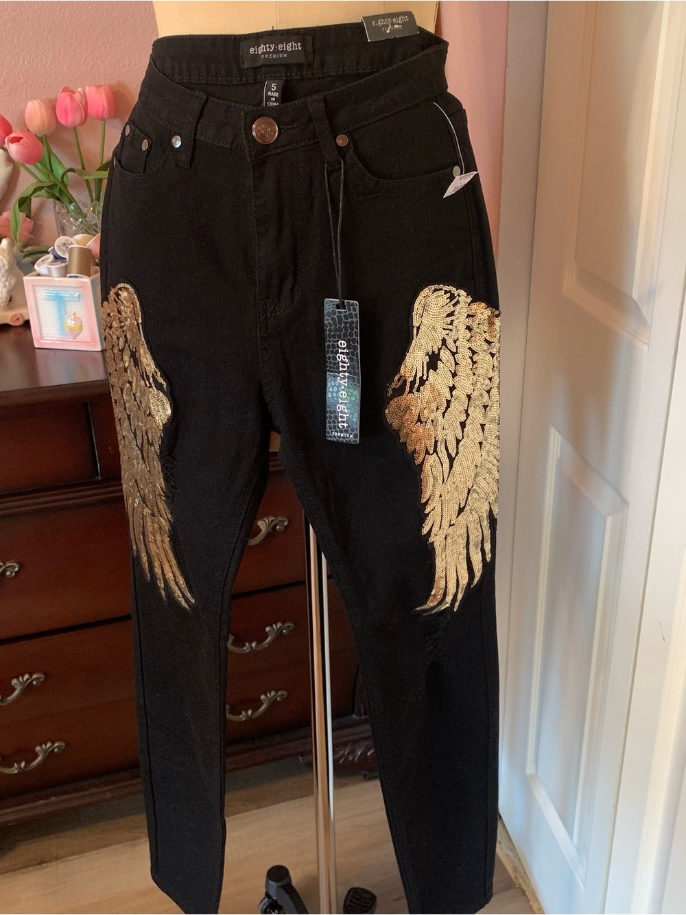 EIGHTY EIGHT Premium Black Jeans with Gold Sequin Wing Embroidery